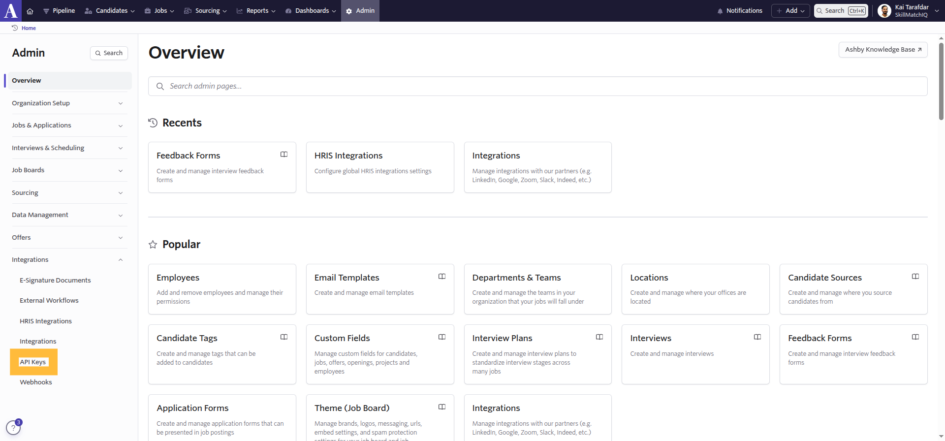 Navigate to API Keys in Ashby Admin panel