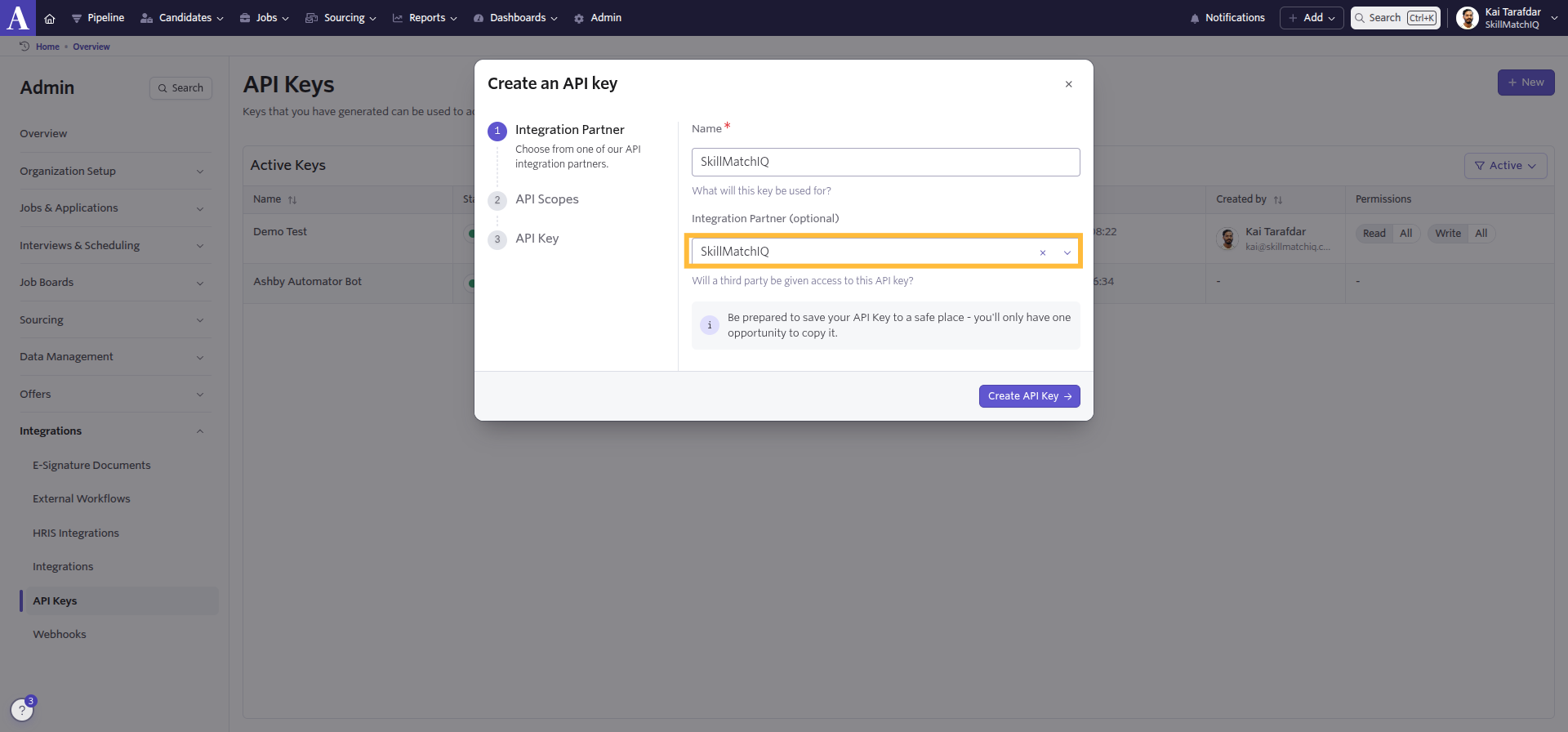Select SkillMatchIQ as the Integration Partner
