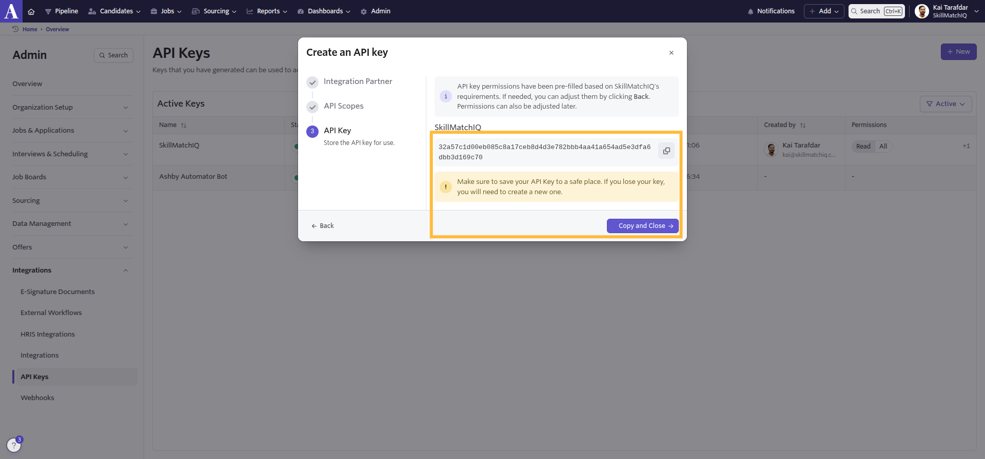 Copy the generated API Key